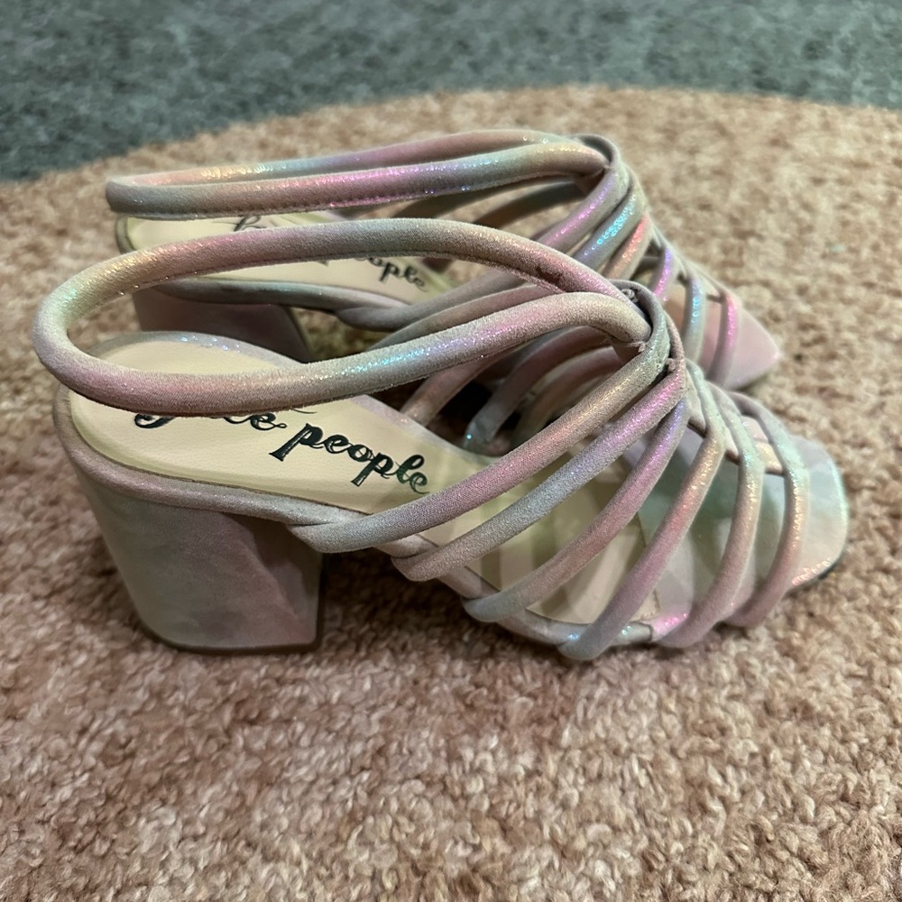 NWT Free People Colette Cinched  Strappy Block Heels in Metallic Rainbow Sz 36.5 - Picture 3 of 6